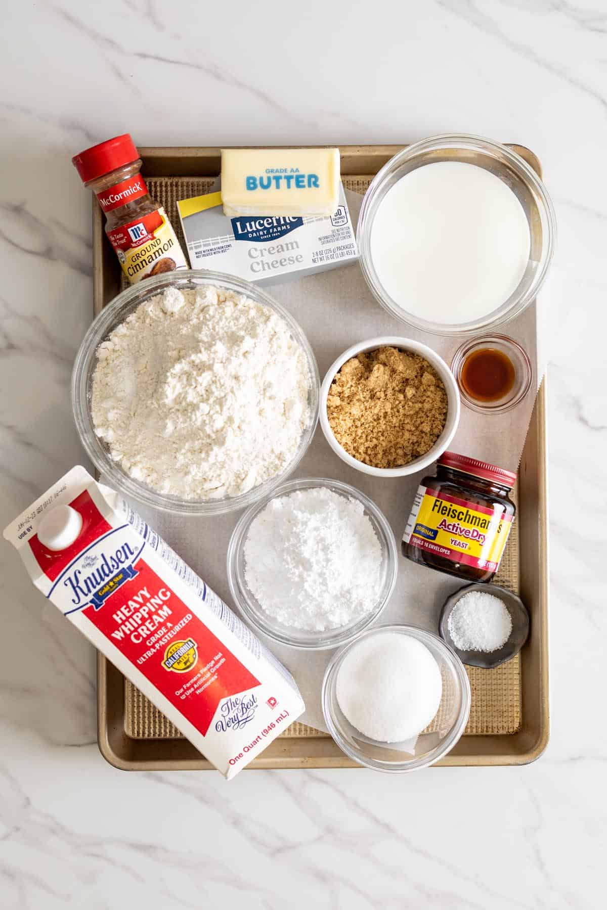 Ingredients for cinnamon rolls.