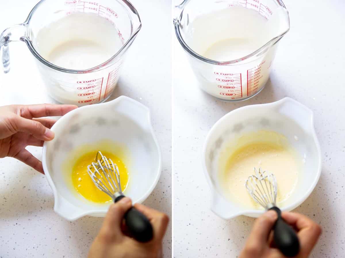 Adding warm liquid mixture to egg yolk.