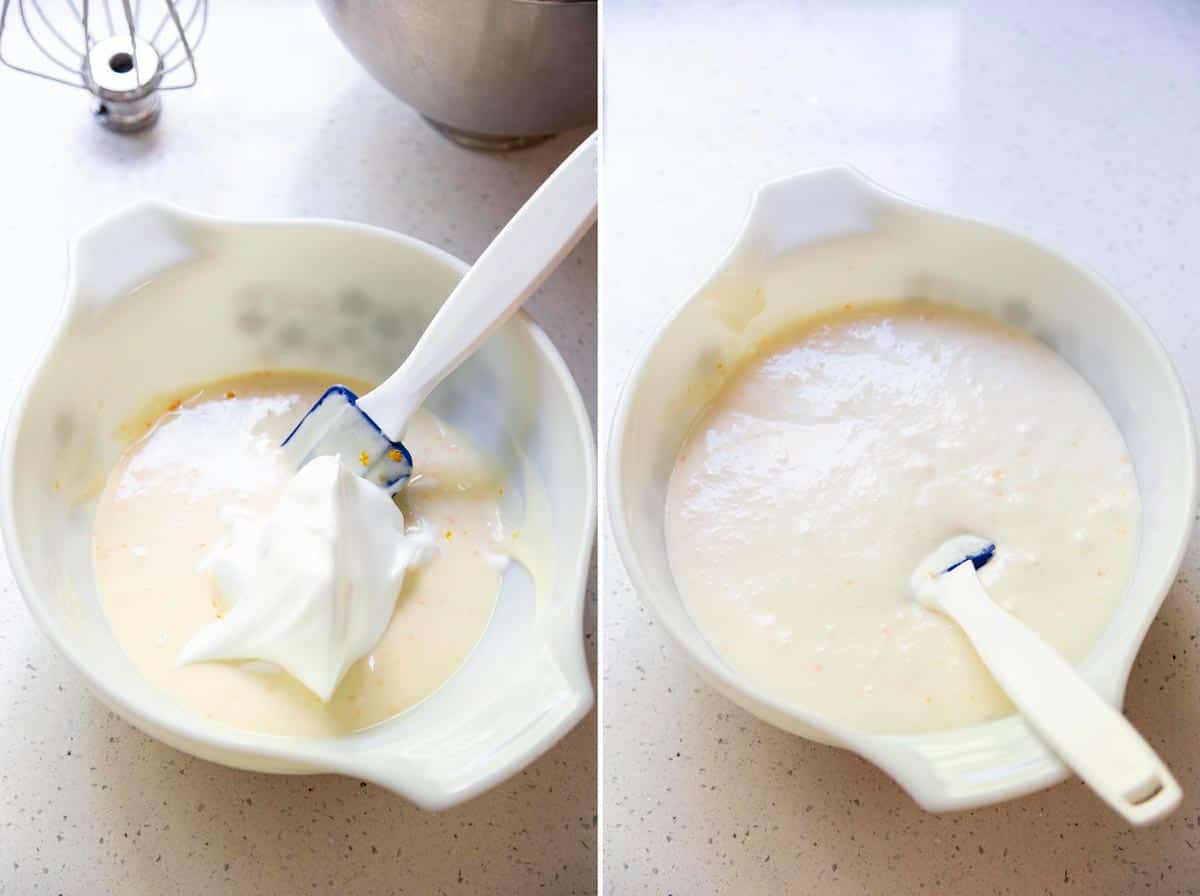 Folding meringue into the cheesecake batter.