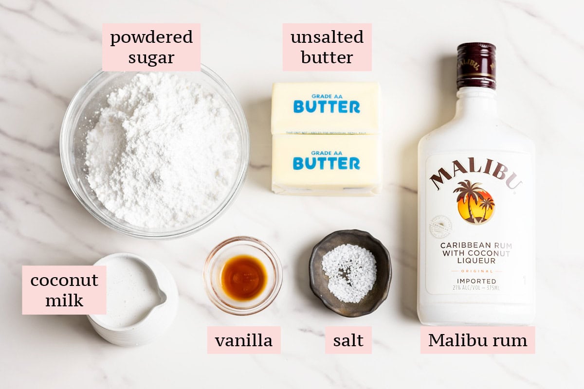 Ingredients for rum-infused coconut frosting for pina colada cupcakes.
