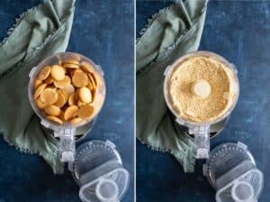 Grinding vanilla wafer cookies in a food processor.
