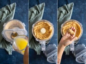 Adding melted butter to vanilla wafer crumbs to make pie crust mixture.