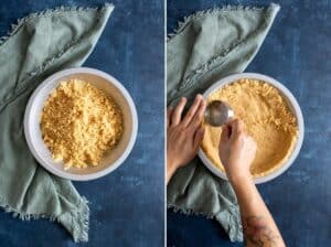 Pressing pie crust mixture into a pie dish.