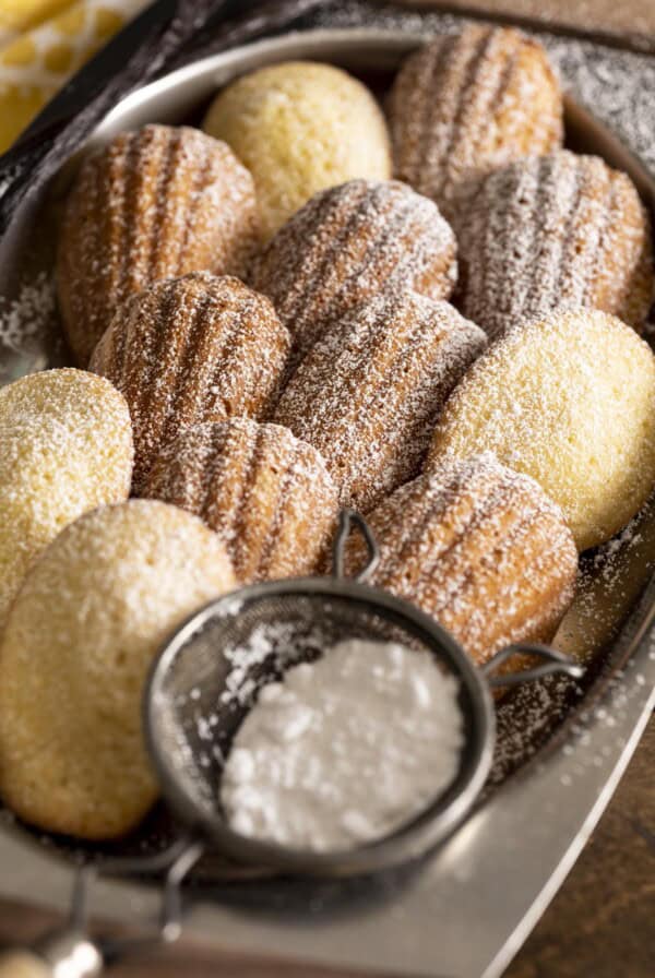 A tray of madeleine cookies with powdered sugar.