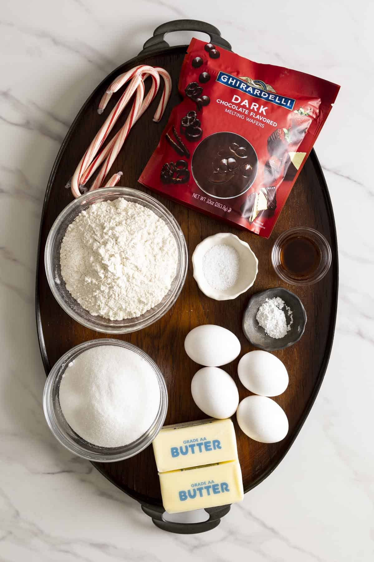 Ingredients for peppermint chocolate dipped madeleines.