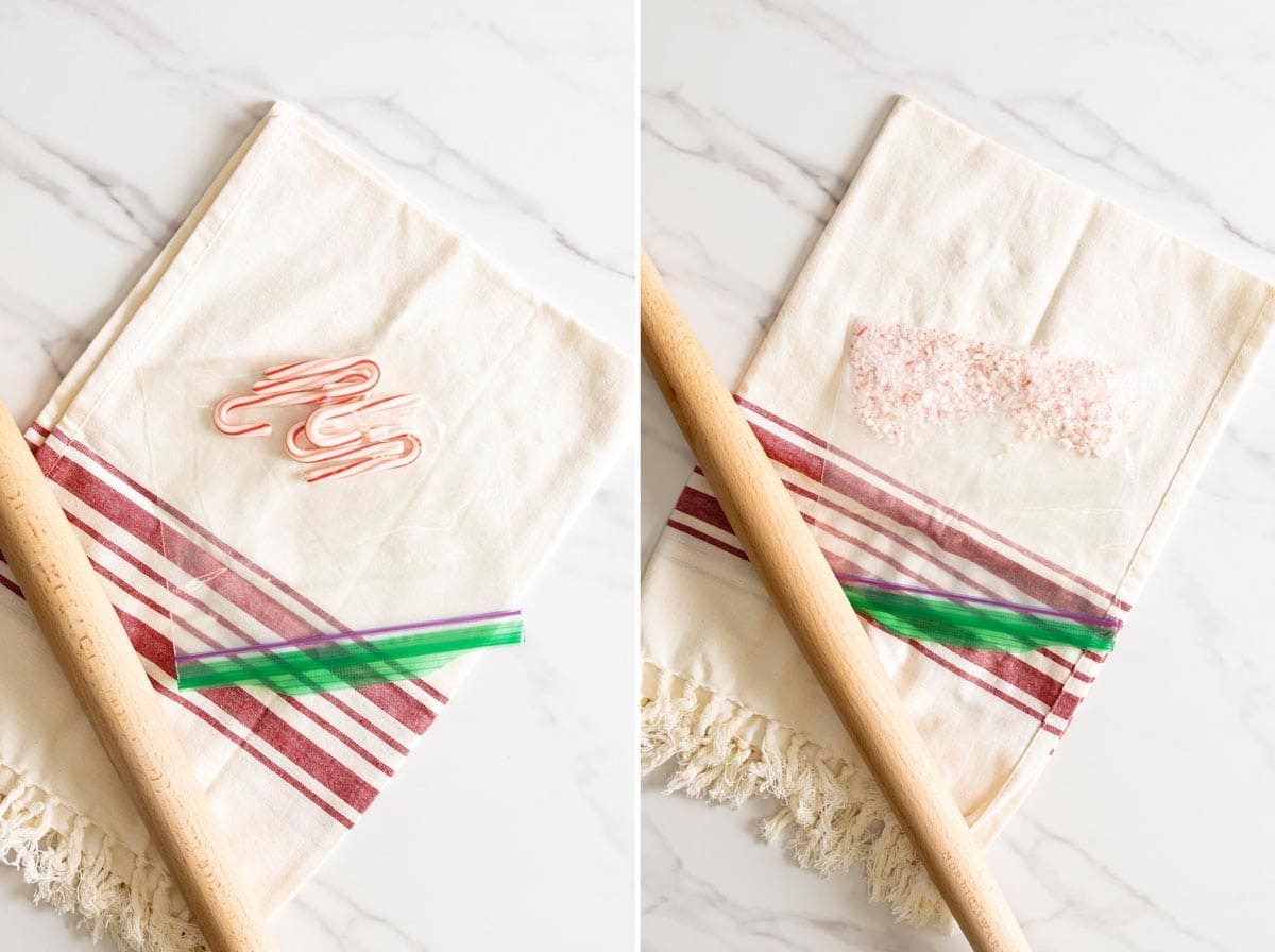 Crushing candy canes in a zip loc bag with a rolling pin.