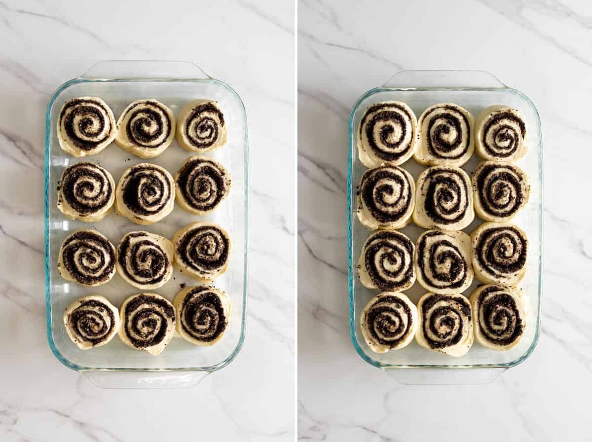 Letting the Oreo rolls rise the second time in a baking dish.