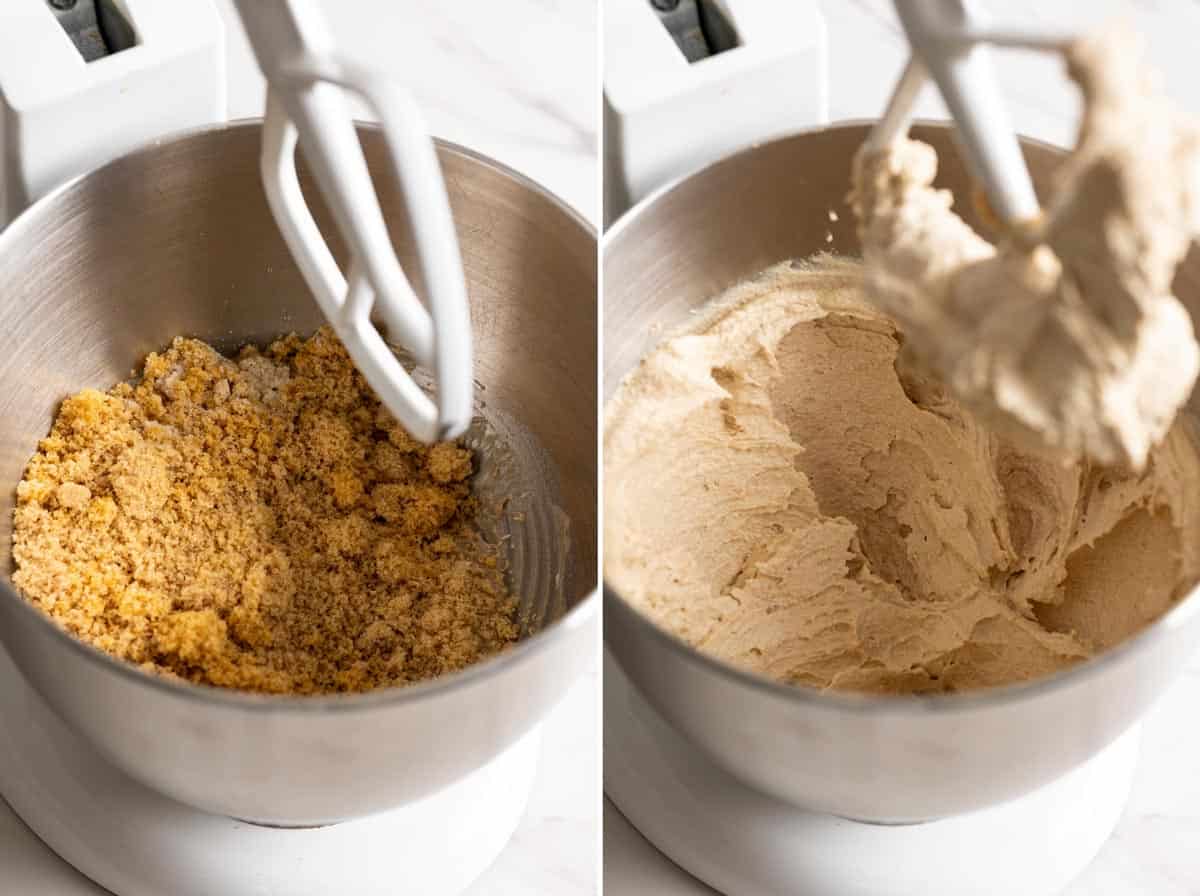 Beat sugar and butter together in a stand mixer.