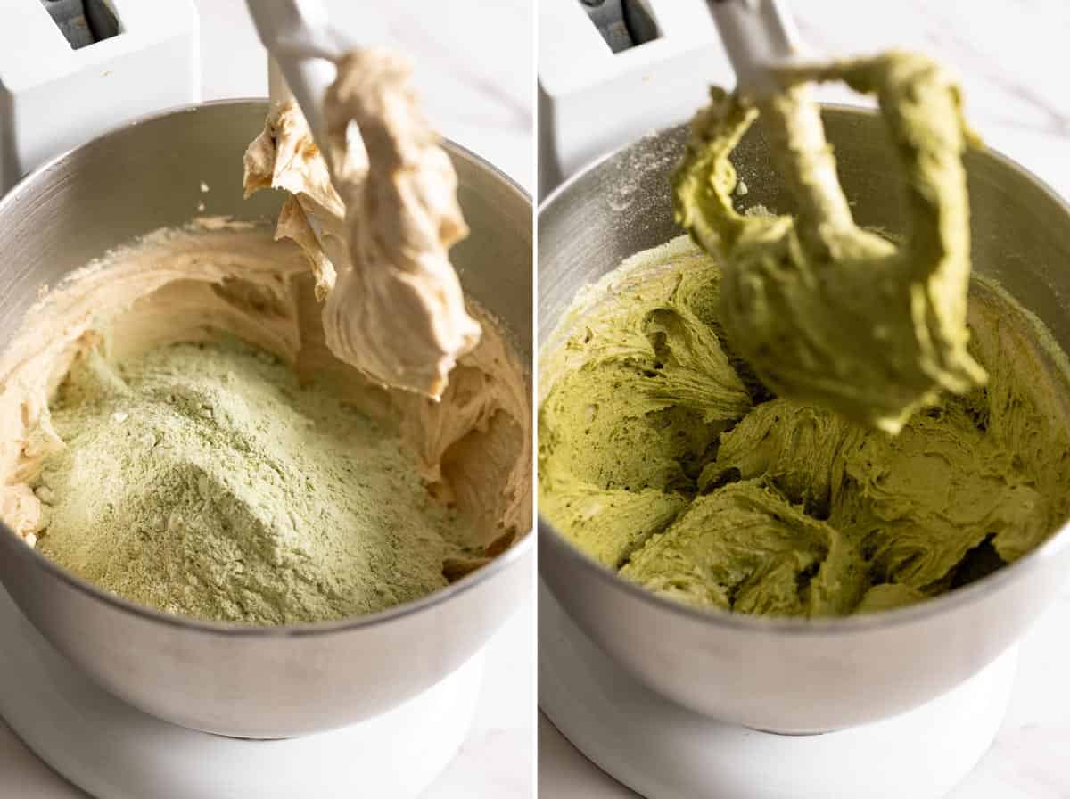 Stir in the dry ingredients to form the matcha cookie dough.