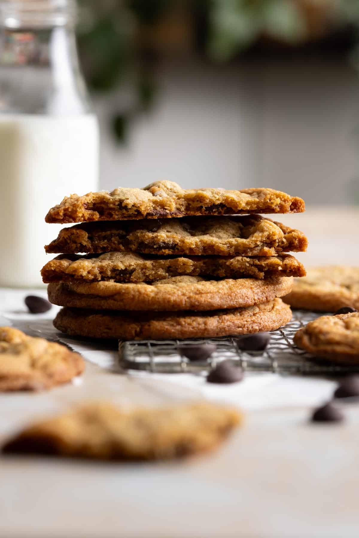 A stack of brown butter chocolate chip toffee cookies.