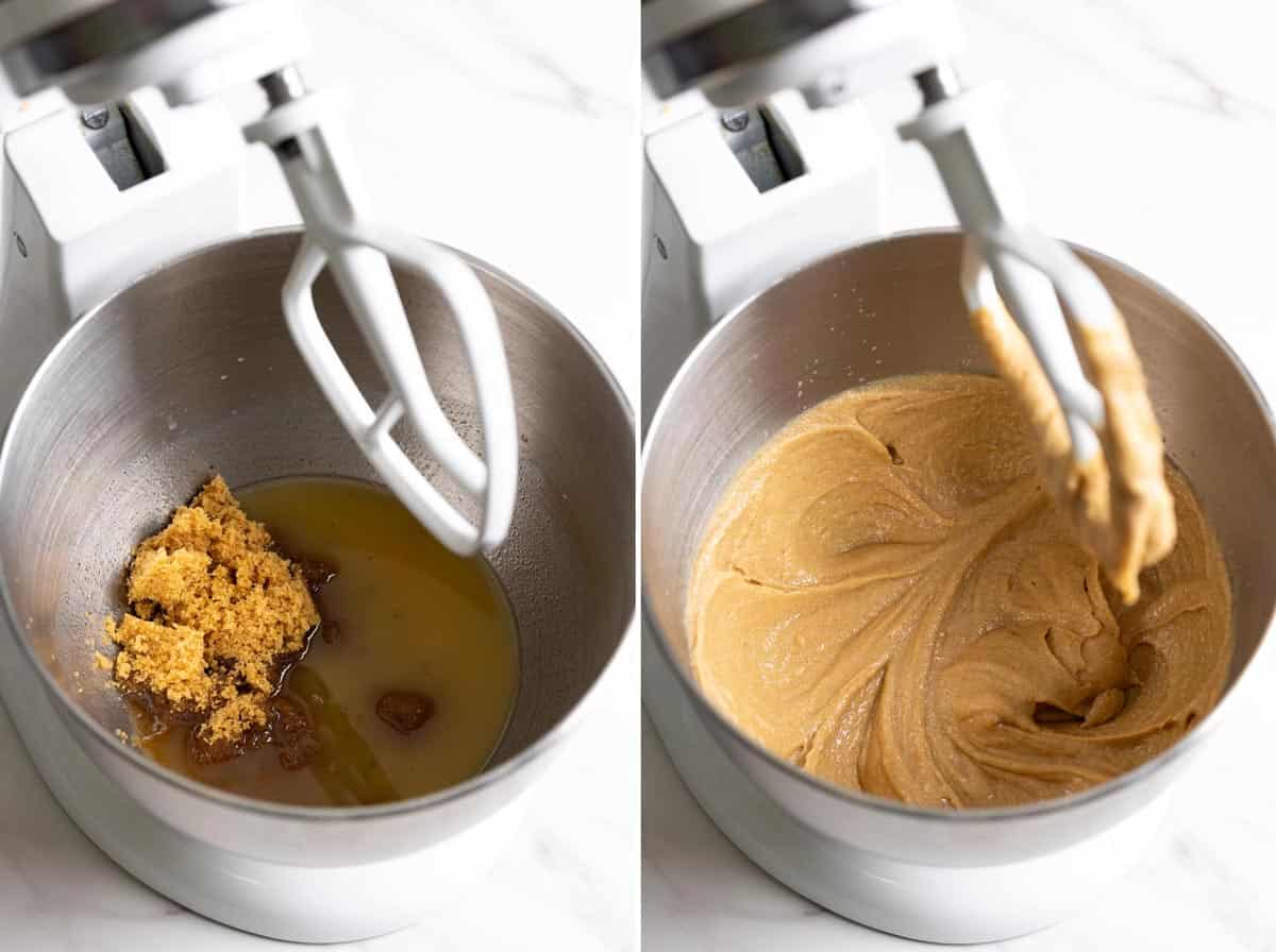 Beating sugar with butter in a stand mixer.