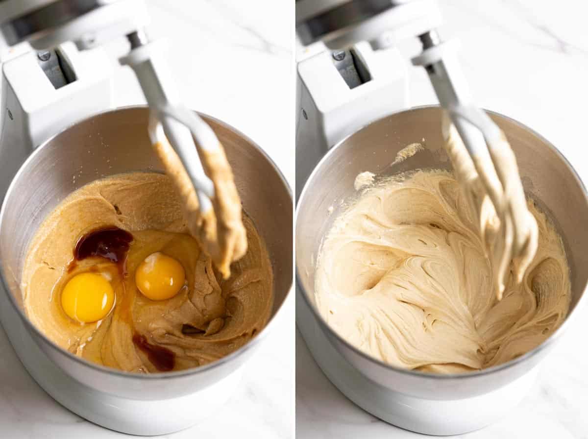 Beating eggs and vanilla with the butter/sugar mixture in stand mixer.