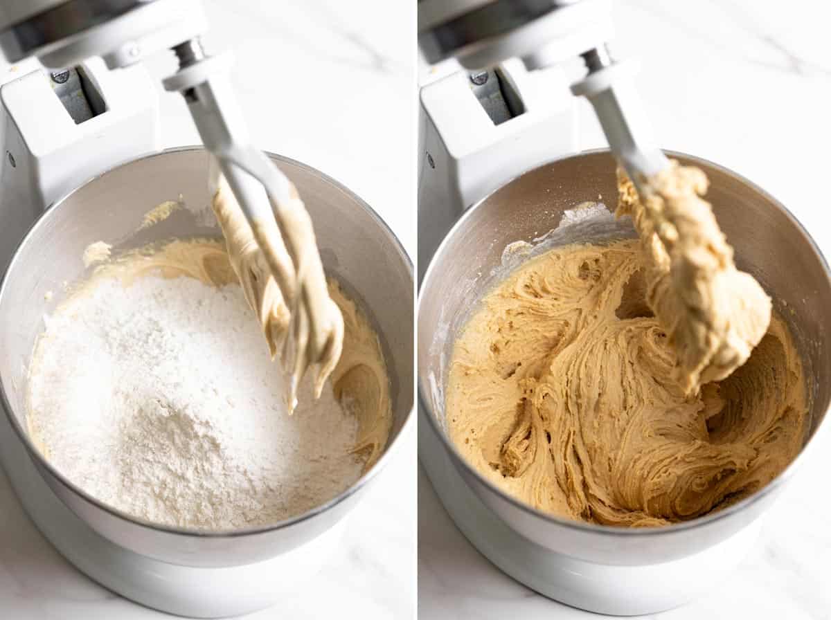 Adding the dry ingredients to the wet ingredients to form the cookie dough.