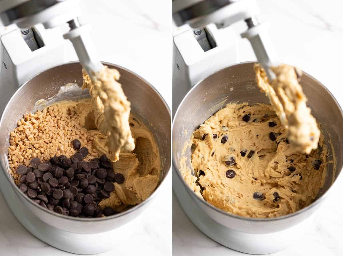 Stirring in chocolate chips and toffee bits. 
