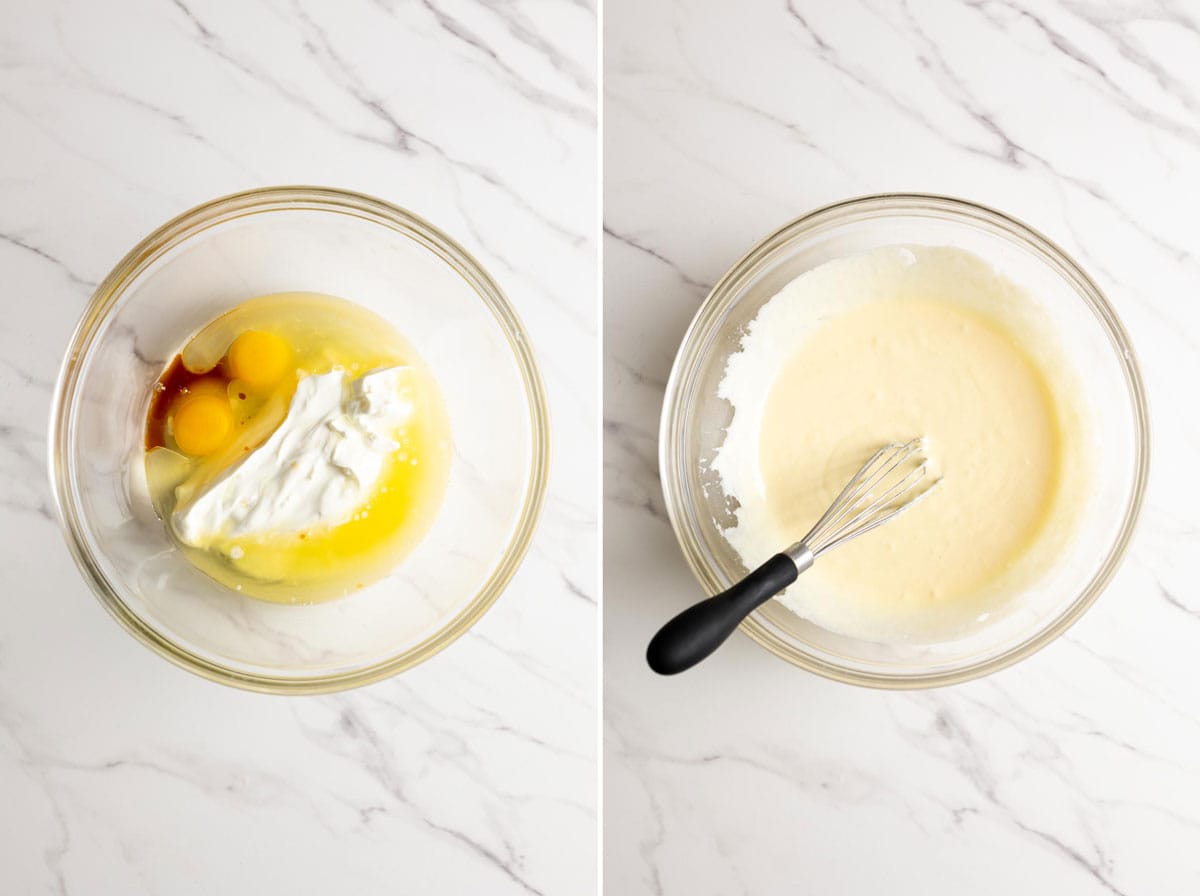 Beating wet ingredients together in a glass bowl for chocolate loaf cake recipe.