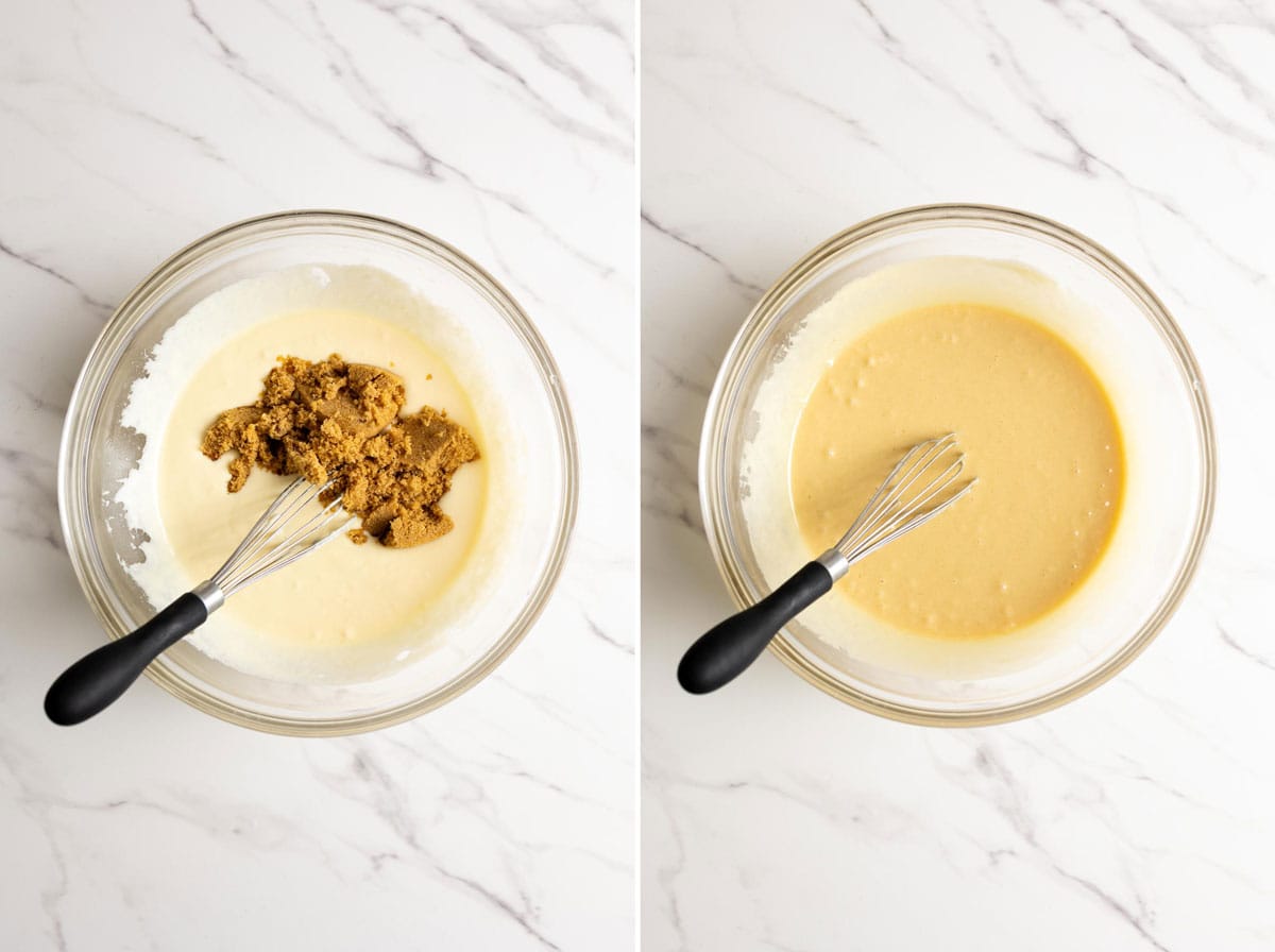 Adding brown sugar to the wet ingredients.