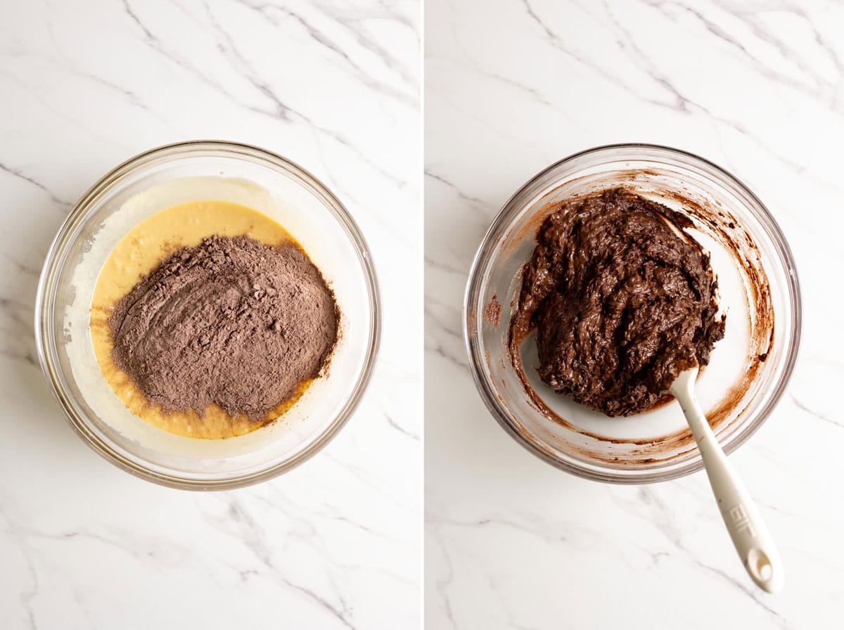 Mixing dry ingredients with wet ingredients to make chocolate bread batter.