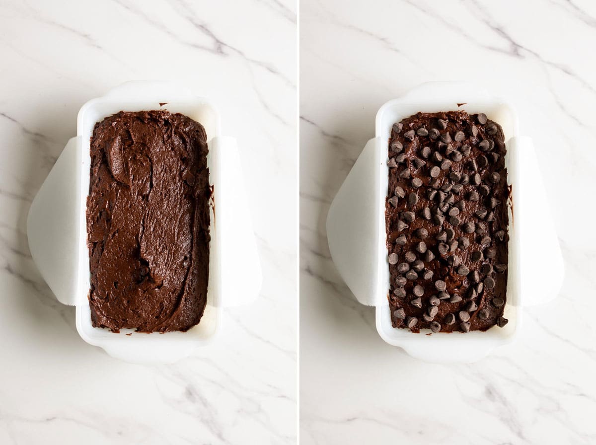 Adding chocolate bread batter to a loaf pan and sprinkle chocolate chips on top.