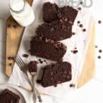 4 slices of chocolate bread laying on top of a parchment lined cutting board.