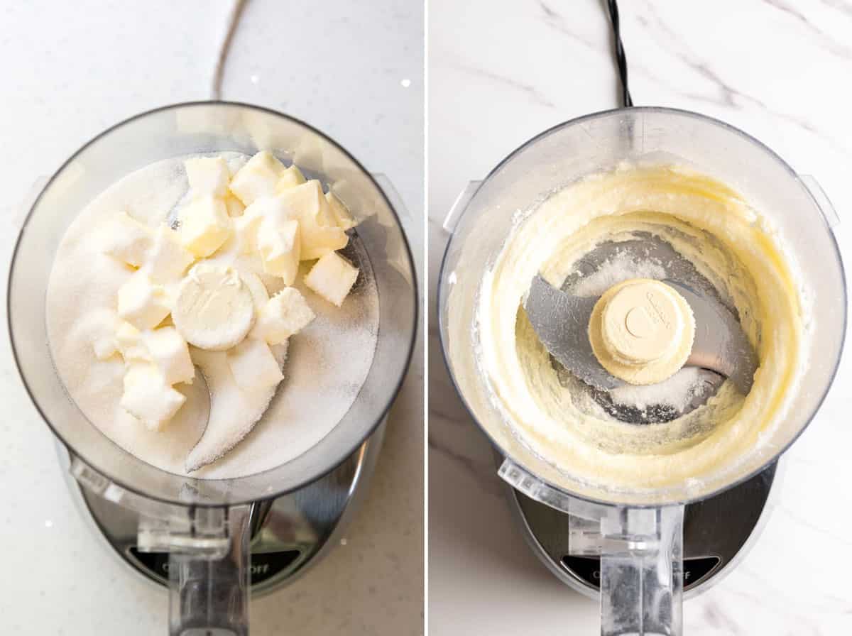 Butter and sugar are blended together in a food processor.