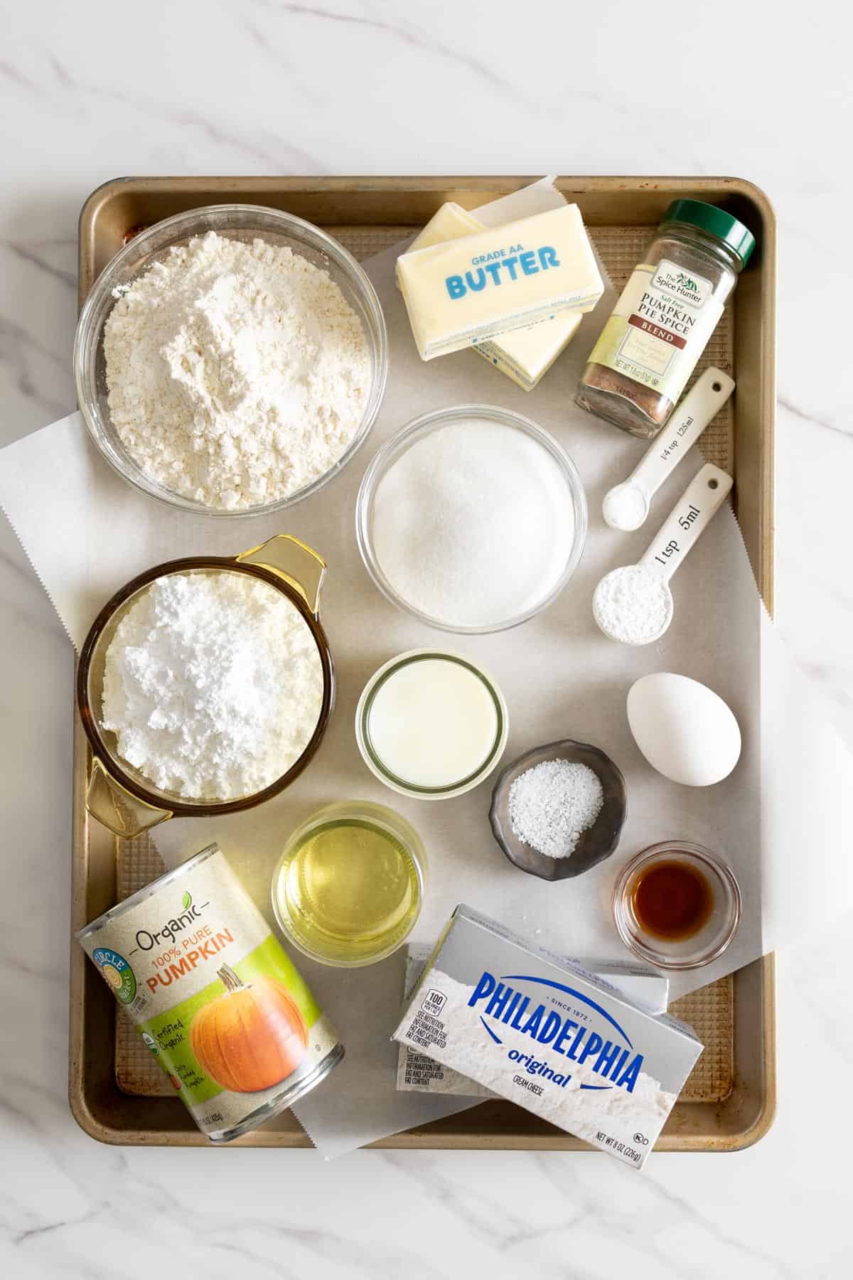 Ingredients for pumpkin cupcake recipe.