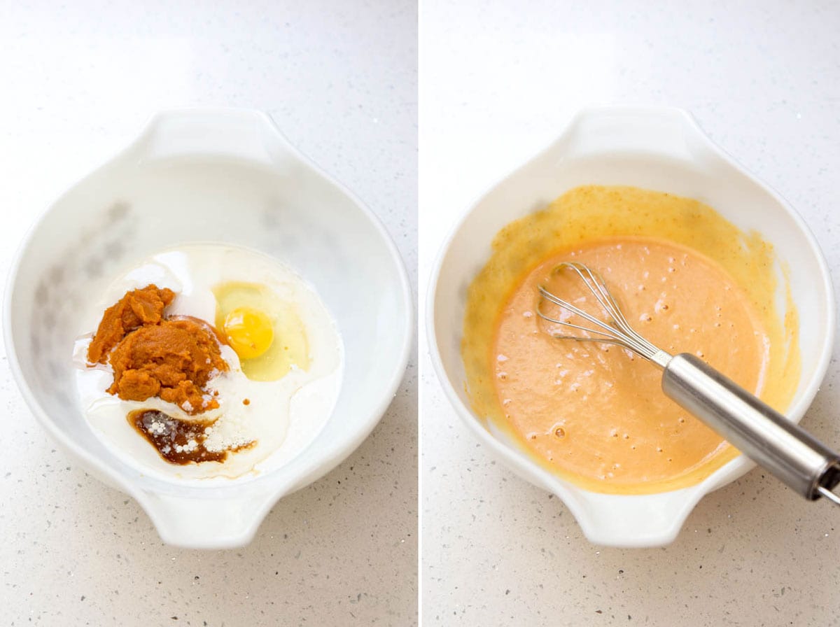 Beating together wet ingredients for pumpkin spice cupcakes.