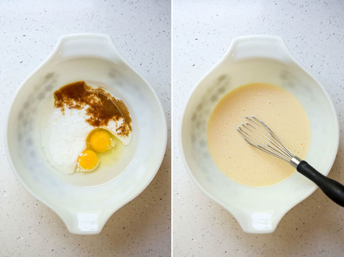 Prepare wet ingredients in a mixing bowl for the vanilla cupcake batter.