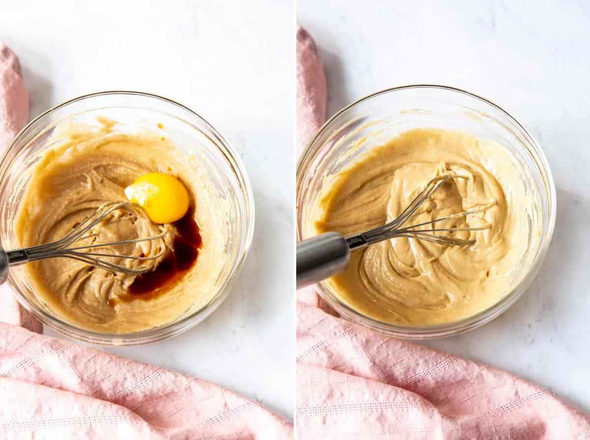 Collage of 2 photos showing egg yolk and vanilla is added and beat until creamy.