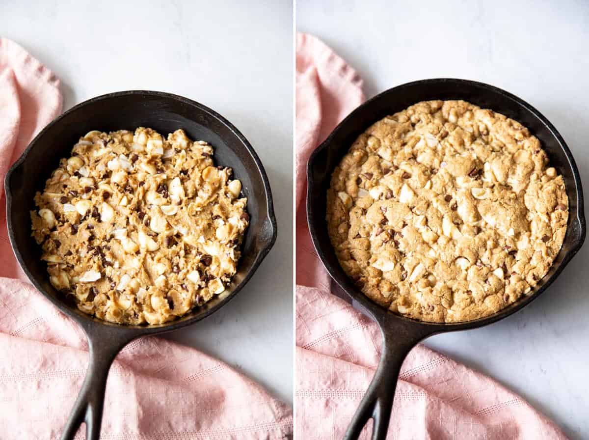 Collage of 2 photos showing cookie dough is pressed into a skillet and baked.