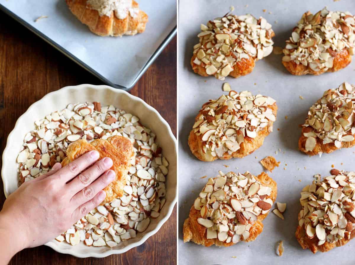 Collage of 2 photos - pressing the top of an almond croissant into a plate of sliced almond and placing them on a baking sheet.