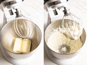 Creaming butter in a stand mixer to make coconut cream frosting.