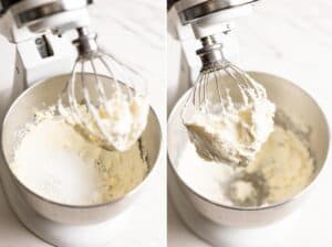 Adding powdered sugar to make coconut milk frosting.