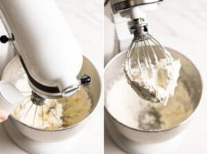 Adding coconut milk to make coconut buttercream frosting.