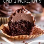 A chocolate cupcake with chocolate ganache frosting cut in half, with text overlay.