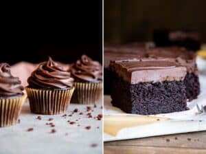 Collage of 2 photos showing chocolate ganache frosting piped on cupcakes and spread on single layer cake.