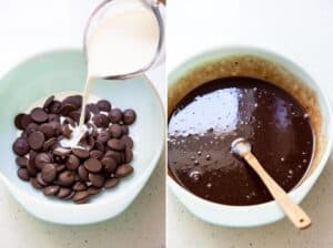 Collage of 2 photos: hot cream is pouring over chocolate wafer, liquid chocolate ganache.
