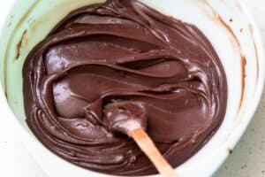 Chocolate ganache frosting in a mixing bowl with a small spatula in it.