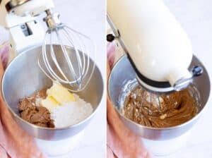 Collage of 2 photos showing all the ingredients for Biscoff icing added to the stand mixer bowl and then the mixer is turned on low speed.