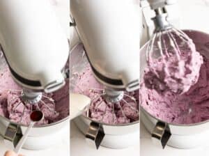 Add vanilla and cream and beat blueberry buttercream frosting until creamy.