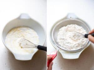 Collage of 2 photos: lemon zest and sugar being mixed together, dry ingredients being sifted on top.