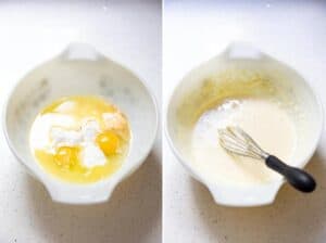 Wet ingredients are mixed together in a mixing bowl.