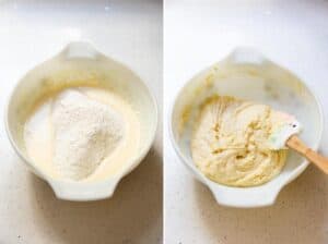 Collage of 2 photos: dry ingredients added to wet ingredients, the lemon cake batter is folded together.