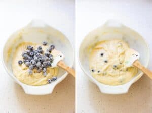 Blueberries coated in flour are added to make blueberry lemon cake batter.