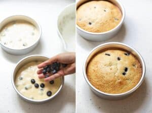Collage of 2 photos: more blueberries are being added to the top of batter in the cake pans, blueberry lemon cakes are baked.