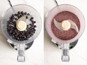 Grinding freeze-dried blueberries in a food processor for blueberry frosting recipe.