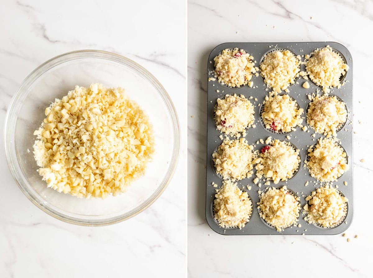 Two images showing macadamia streusel in a bowl and then sprinkled on top of muffin batter.