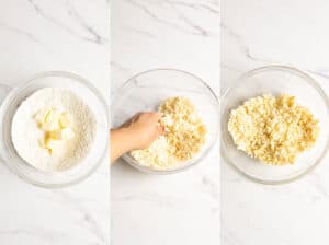 Collage of 3 images showing how to make macadamia streusel for raspberry white chocolate muffins.