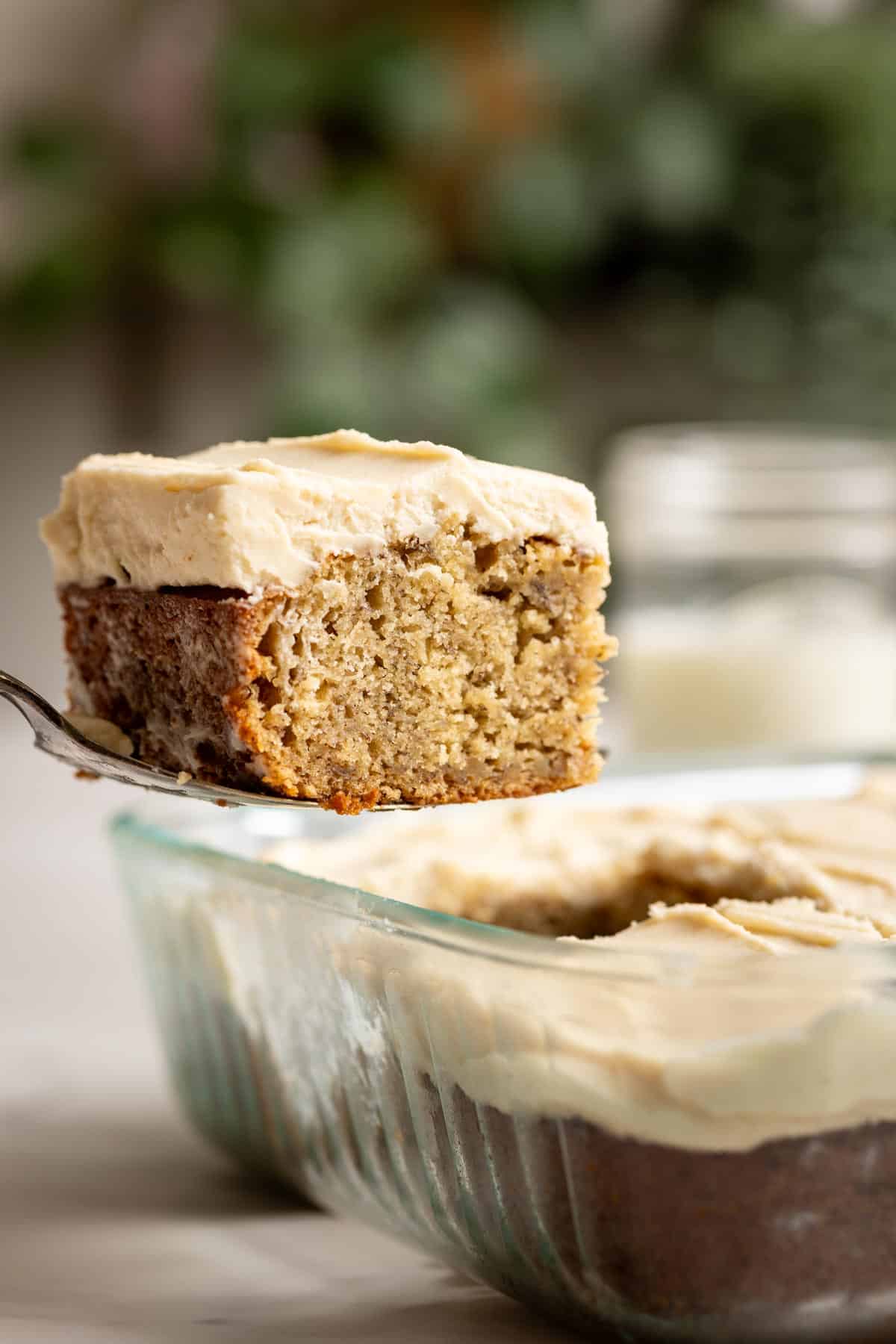 A cake server lifting a piece of miso banana cake from a glass dish.
