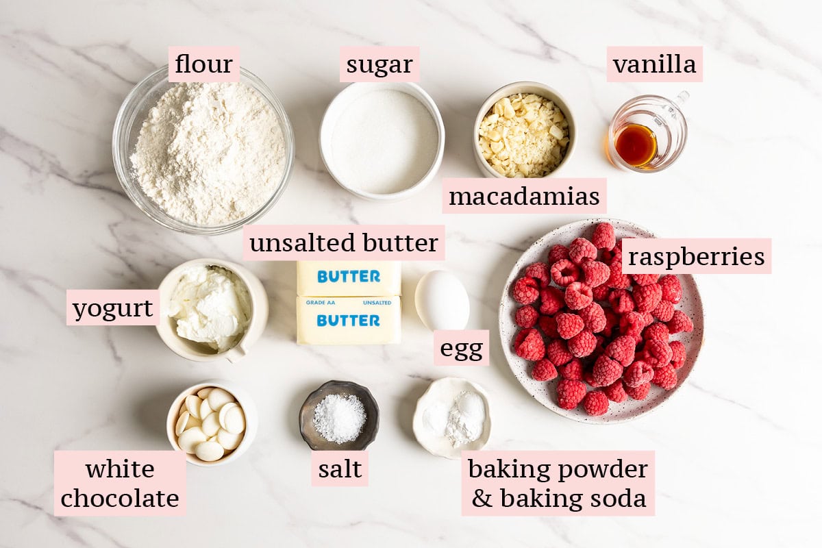 Ingredients for white chocolate raspberry muffins.