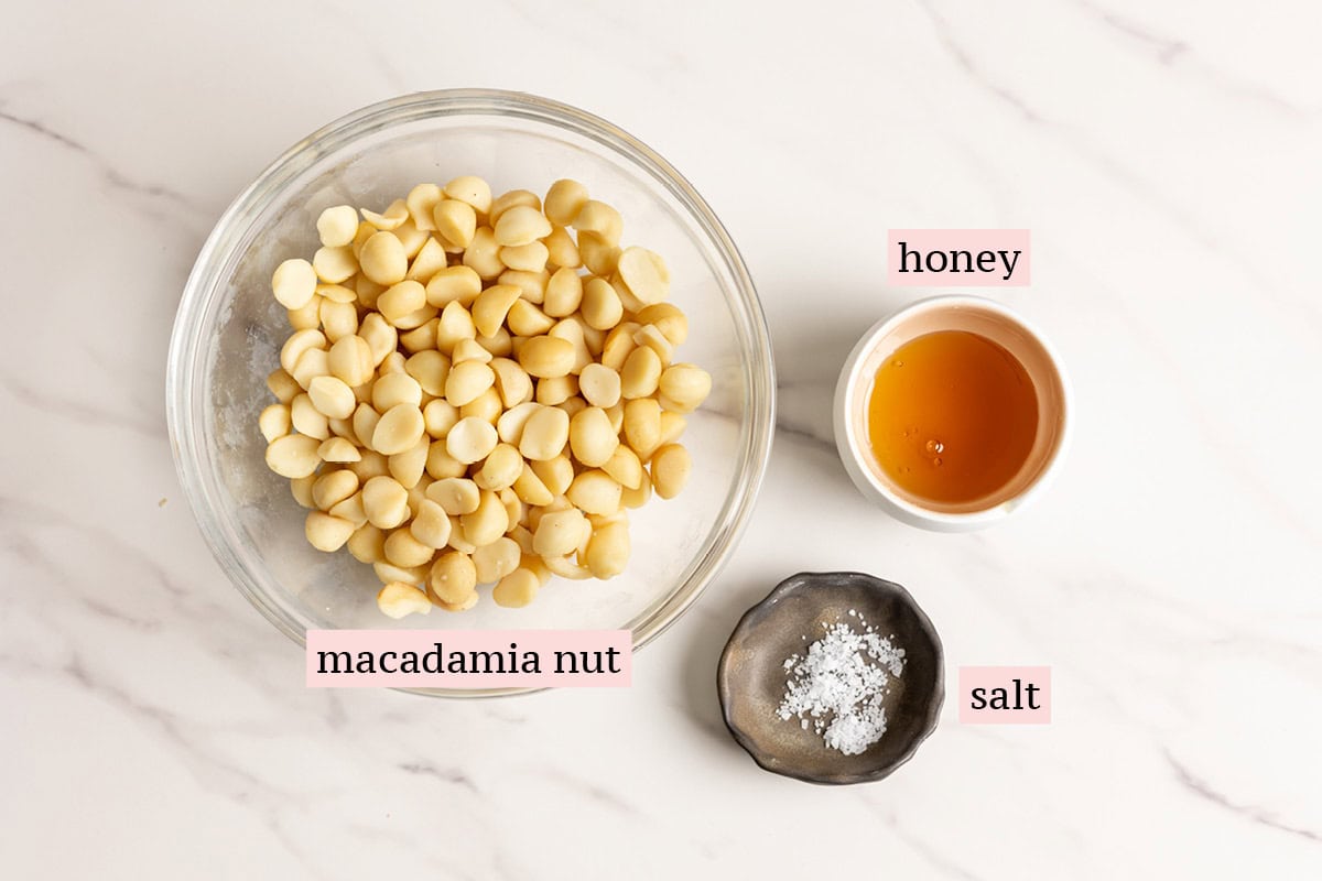 Ingredients for honey macadamia nut butter recipe.